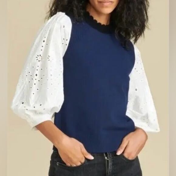 Veronica Beard Roy Navy Mixed Media Pullover with Eyelet Sleeves - Picture 2 of 10